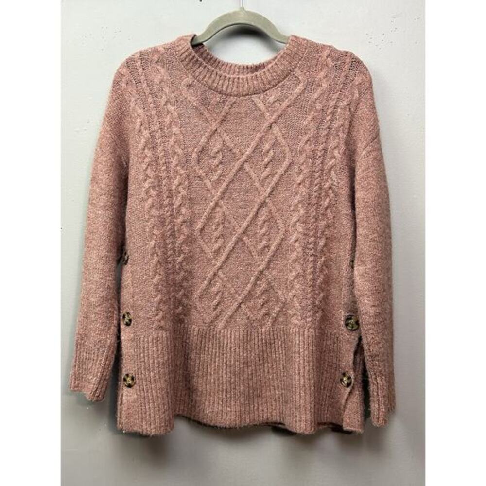 John Paul Richard Cable knit sweater Womens Petite Medium PM Button Rose Tan